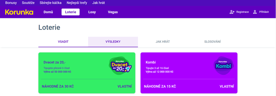 Loterie Korunka: výsledky (web)