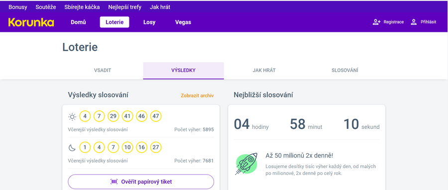 Loterie Korunka: včerejší výsledky (web)