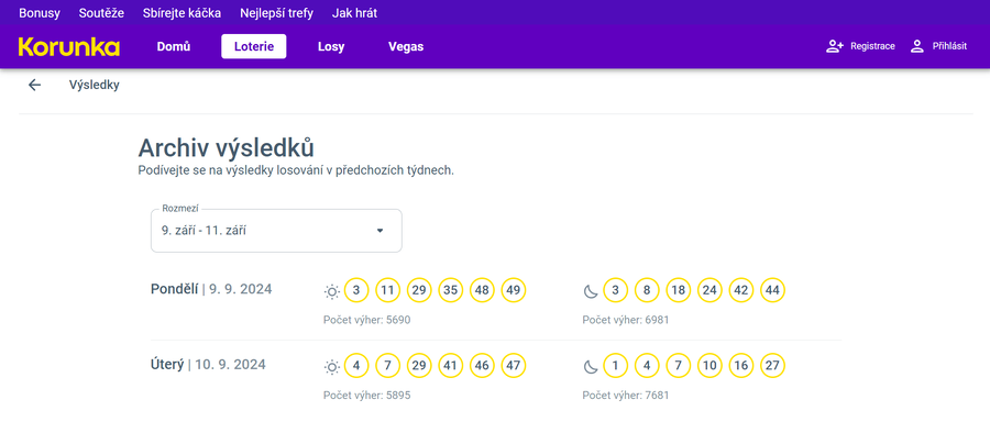 Loterie Korunka: archivní výsledky (web)
